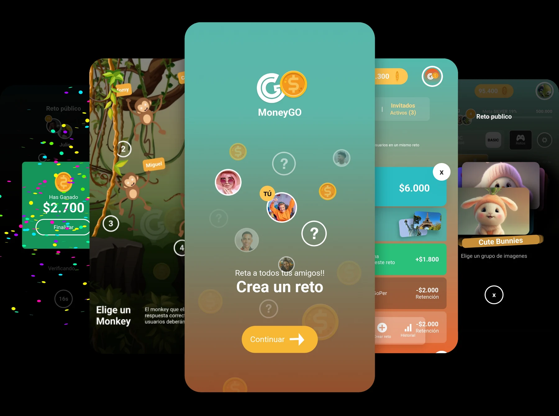 Pantallas de la app MoneyGo: retos, monos, ganaste y retos públicos